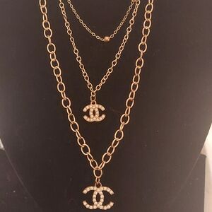 Designer Inspired Gold Tone Triple Layered Rhinestone Logo Necklace